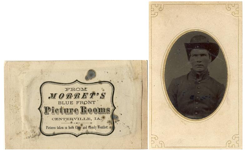 Original tintype 2"x3"; frame 2.5"x4". Stamp on the back identifies the photography studio as Morret's Blue Front Picture Rooms in Centerville.  (submitter:  Steve Larson)